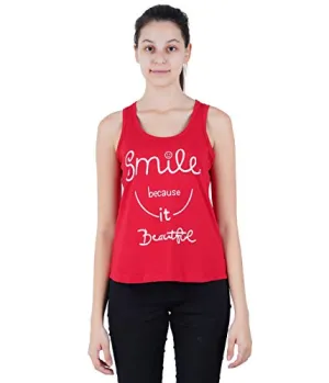 Midaas Women Cotton Printed Sleeveless Tshirt Red X-Large