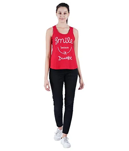 Midaas Women Cotton Printed Sleeveless Tshirt Red X-Large