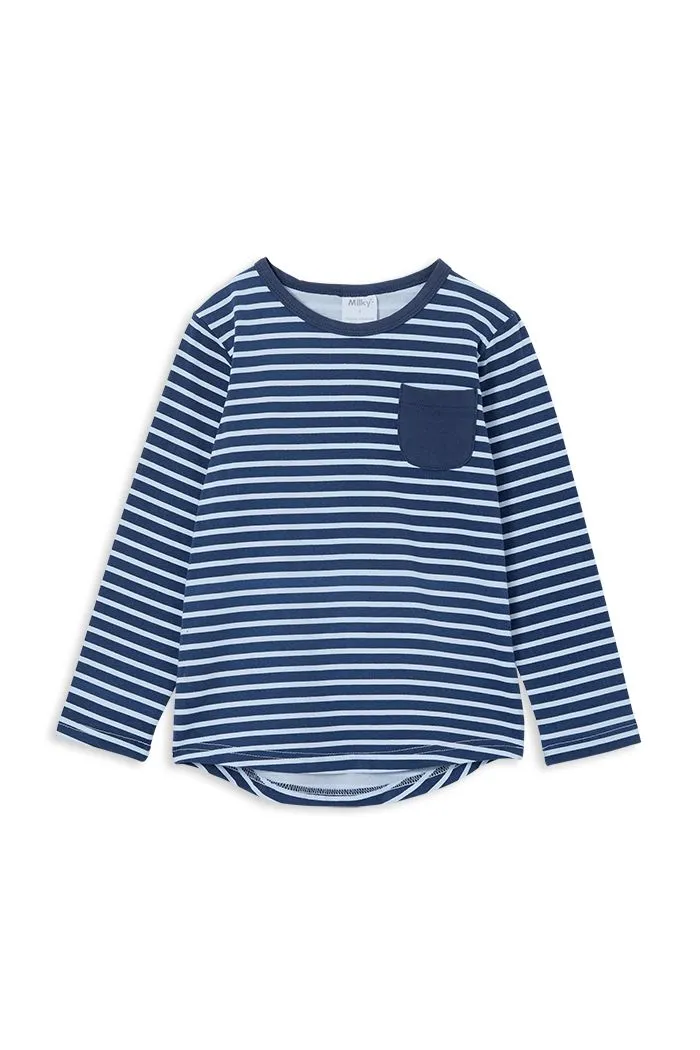Milky | Indigo Navy Stripe Pocket Long Sleeve Tee | Size 8-12