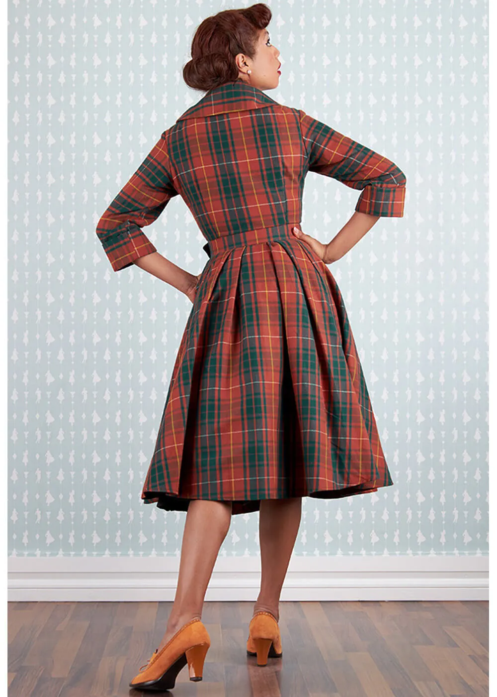 Miss Candyfloss Edrice Fire Tartan 50's Swing Jurk Overjas Oranje Groen