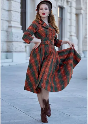 Miss Candyfloss Edrice Fire Tartan 50's Swing Jurk Overjas Oranje Groen