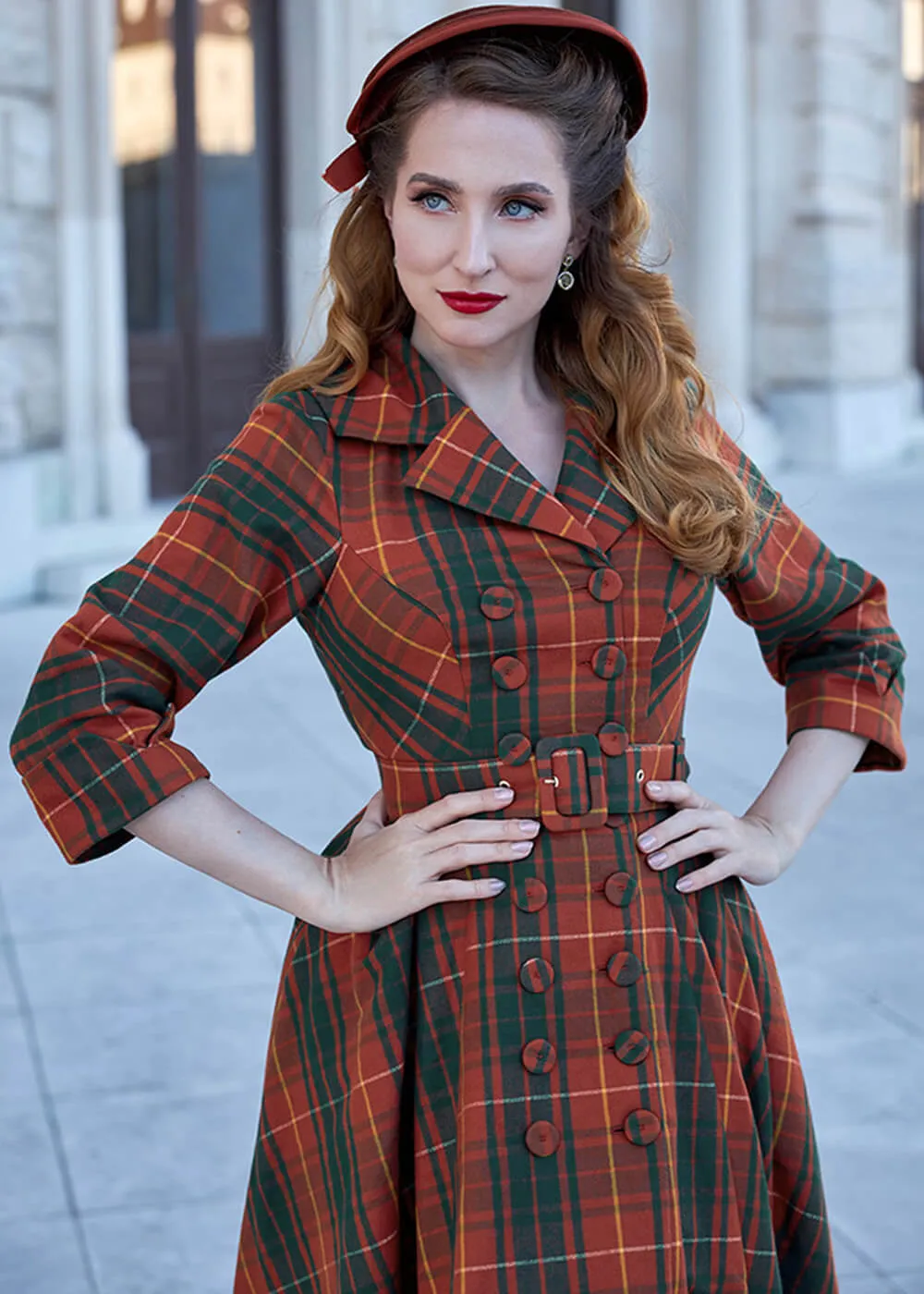 Miss Candyfloss Edrice Fire Tartan 50's Swing Jurk Overjas Oranje Groen