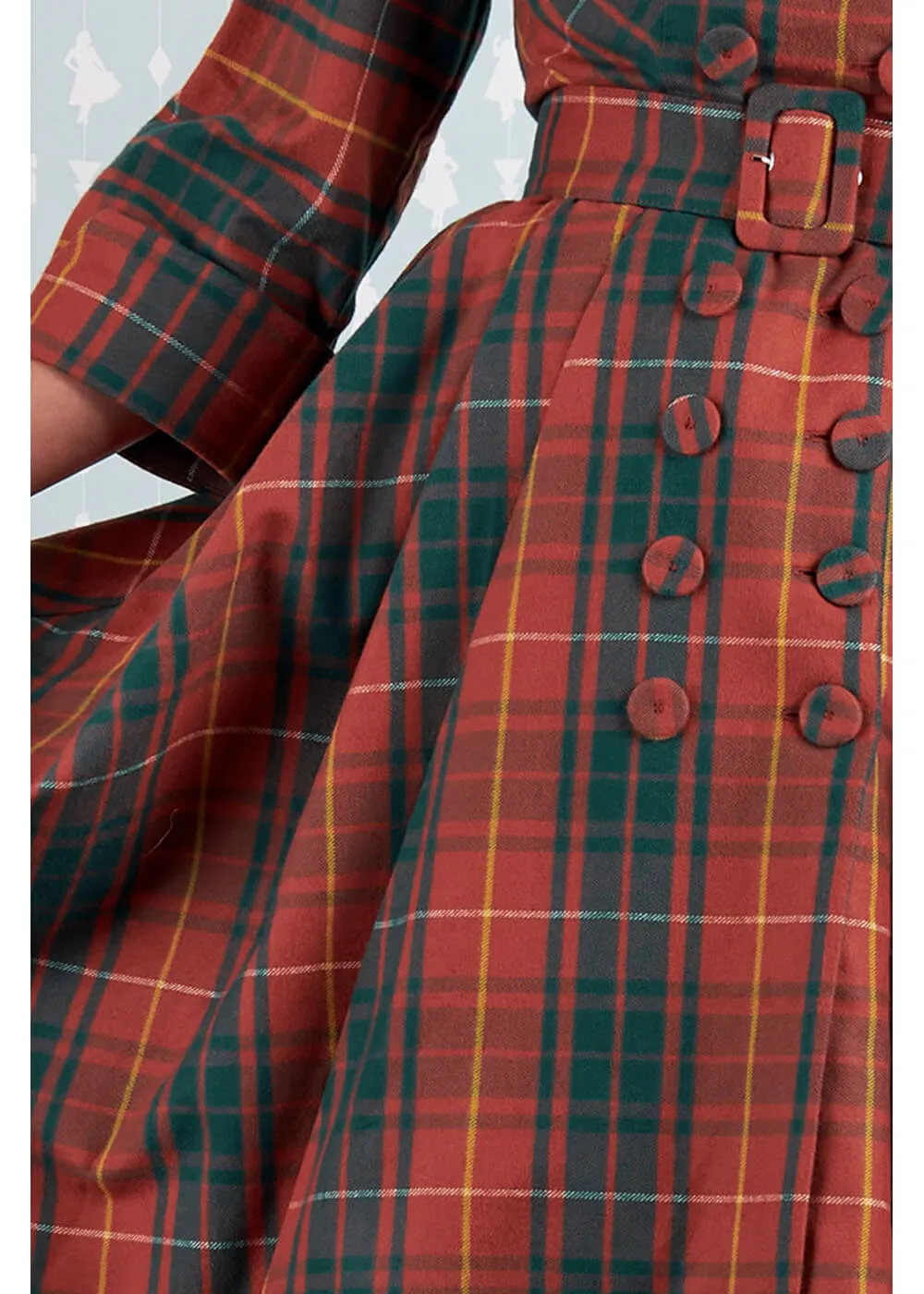 Miss Candyfloss Edrice Fire Tartan 50's Swing Jurk Overjas Oranje Groen