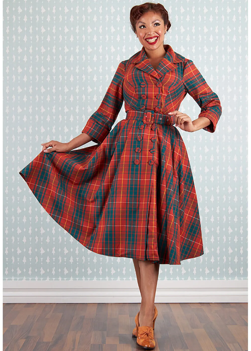 Miss Candyfloss Edrice Fire Tartan 50's Swing Jurk Overjas Oranje Groen