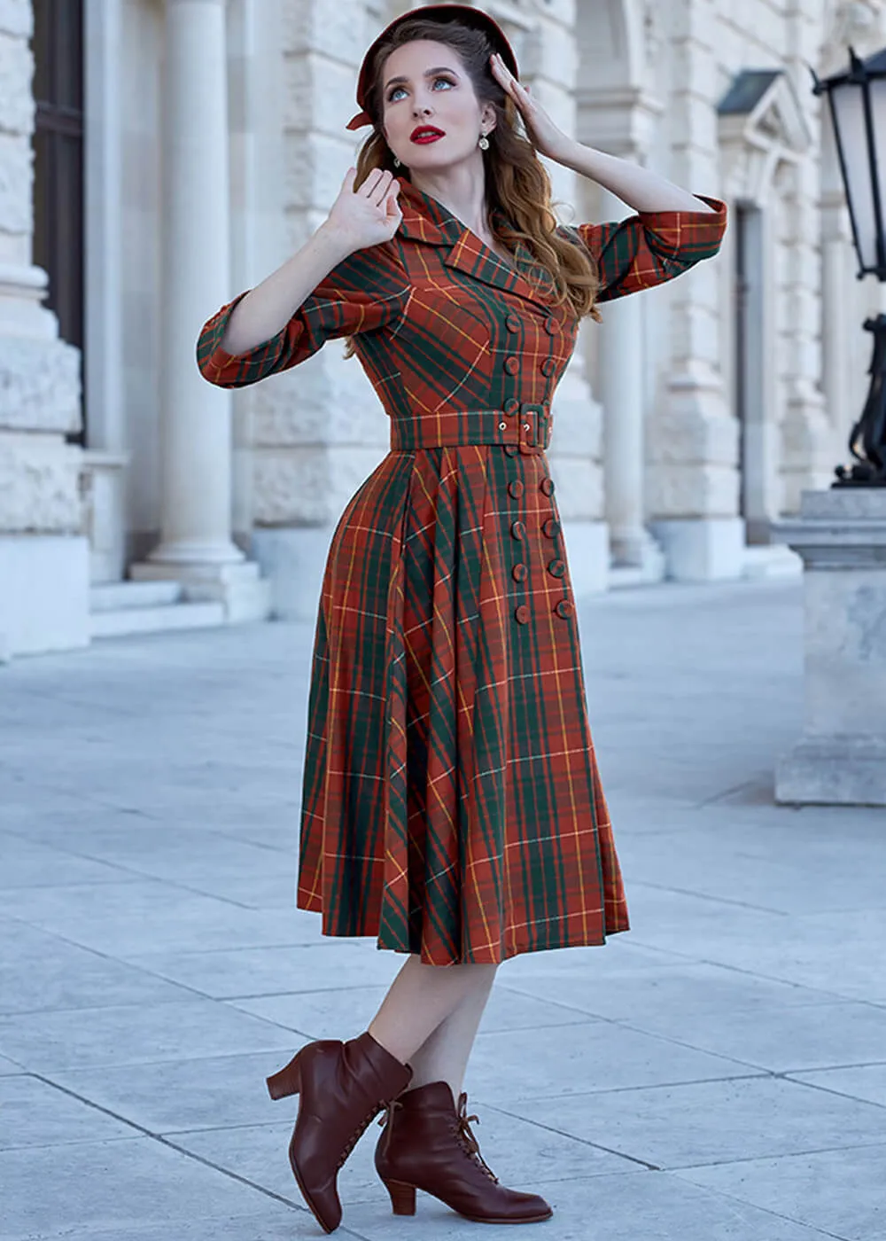 Miss Candyfloss Edrice Fire Tartan 50's Swing Jurk Overjas Oranje Groen