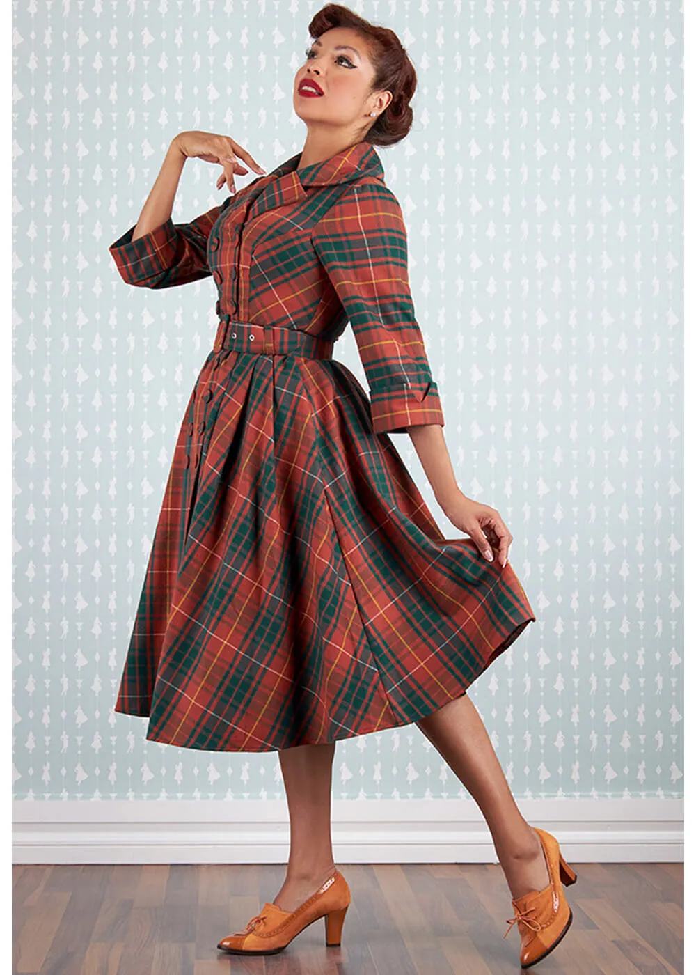 Miss Candyfloss Edrice Fire Tartan 50's Swing Jurk Overjas Oranje Groen