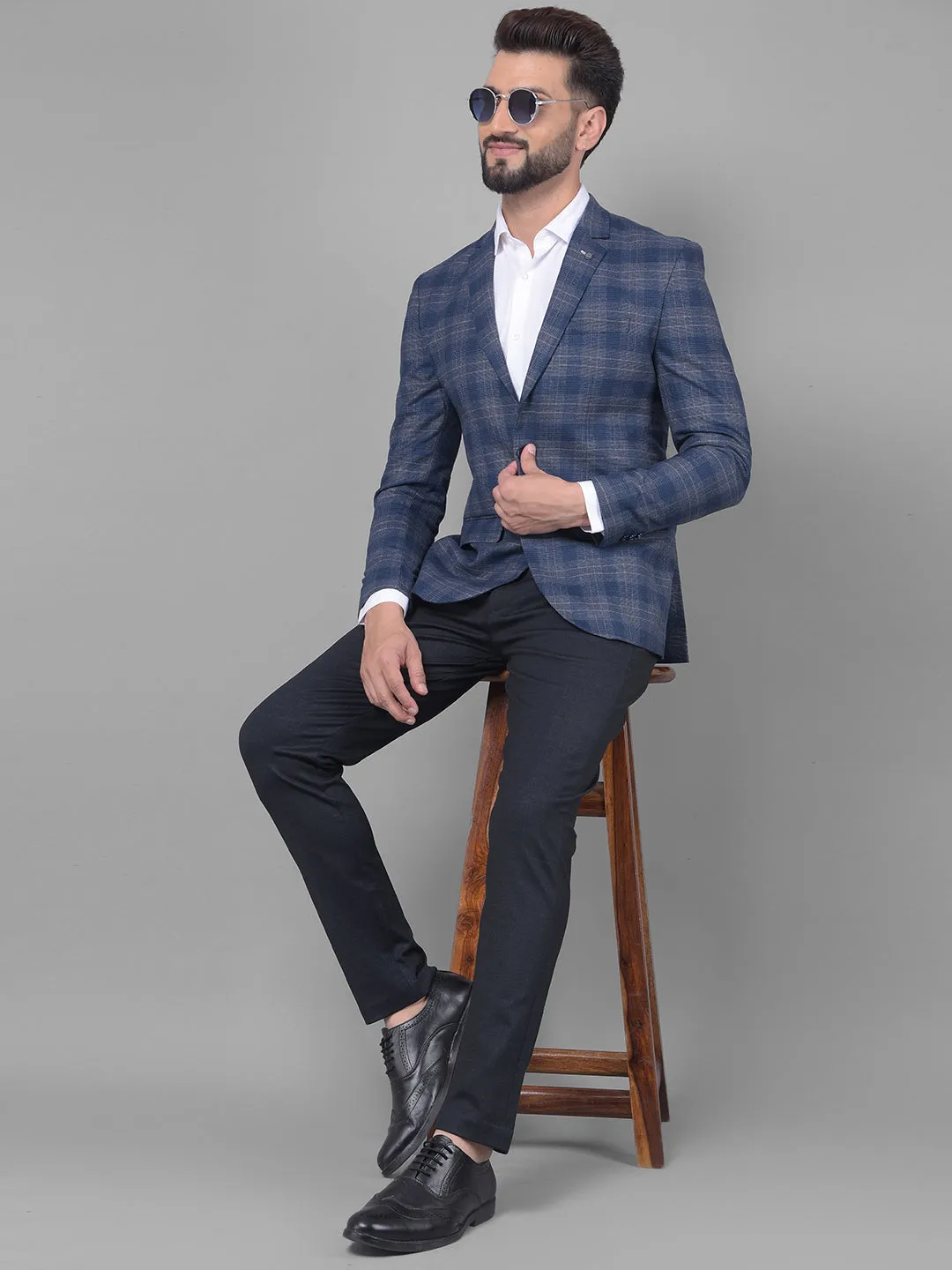Navy Blue Checked Blazer