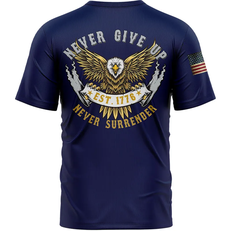 Never Give Up Never Surrender Custom Navy American Patriot Name T-Shirt