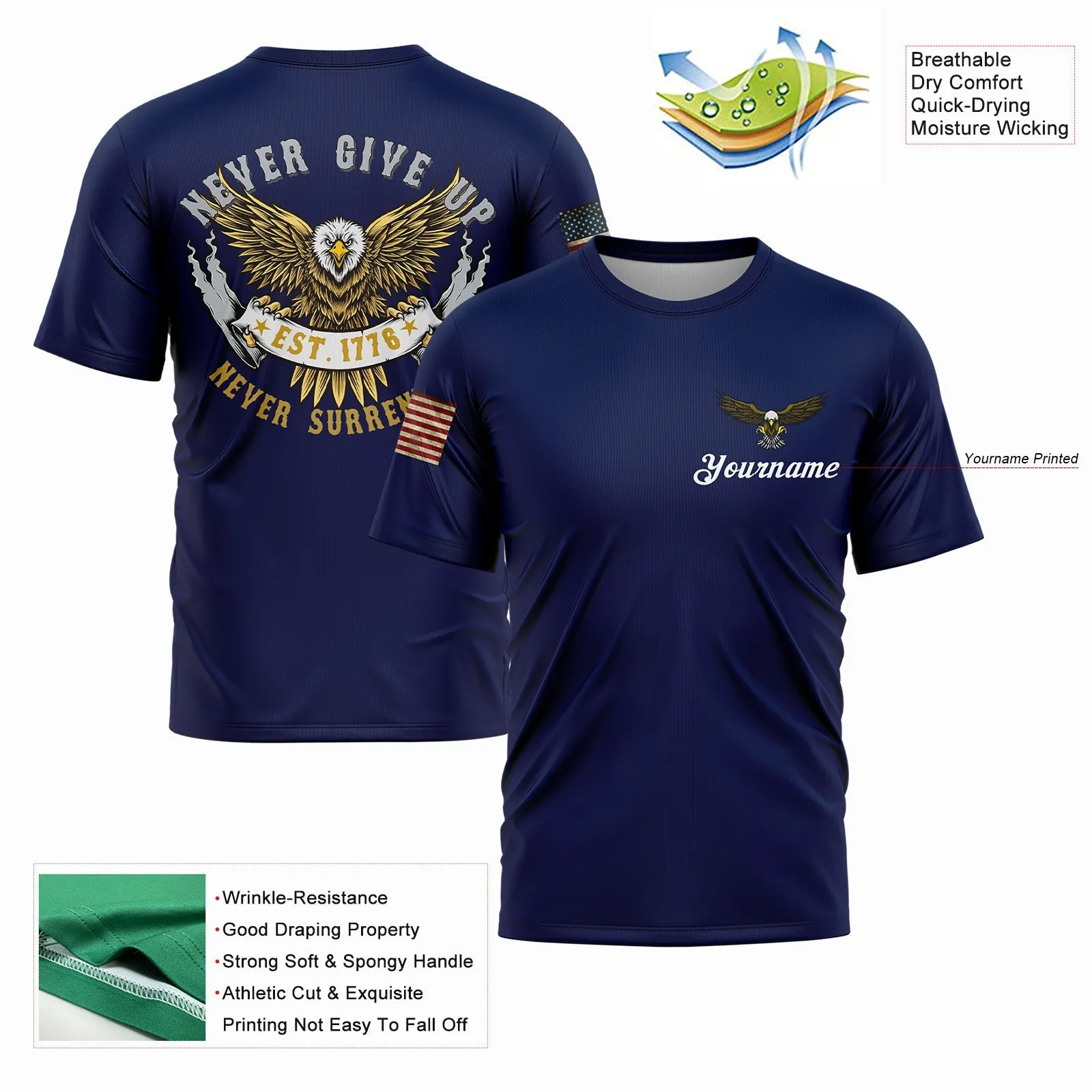 Never Give Up Never Surrender Custom Navy American Patriot Name T-Shirt