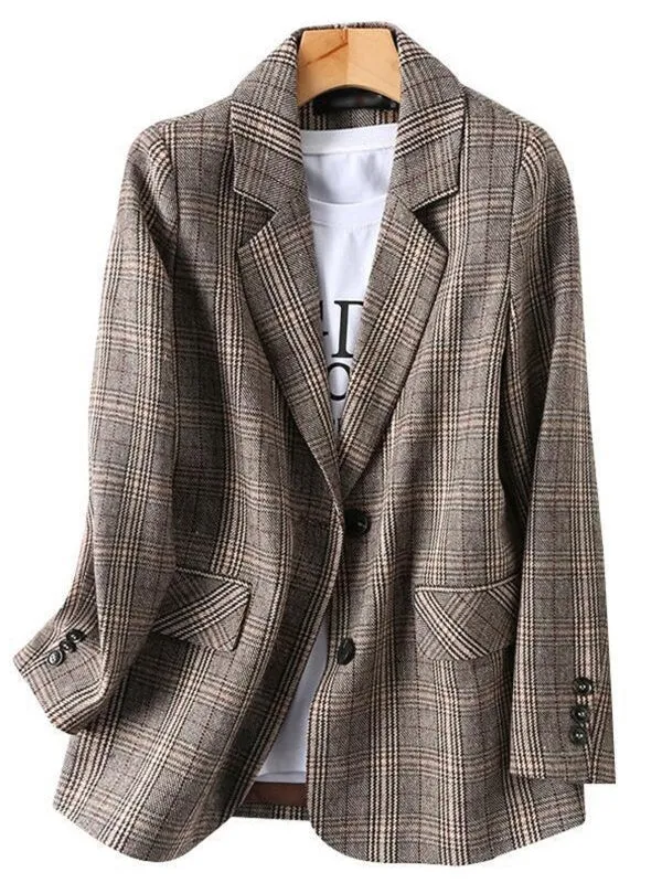 Office Ladies Plaid Blazer Long Sleeve Loose Plaid Coat Jacket