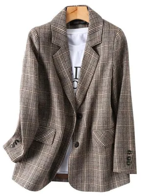 Office Ladies Plaid Blazer Long Sleeve Loose Plaid Coat Jacket