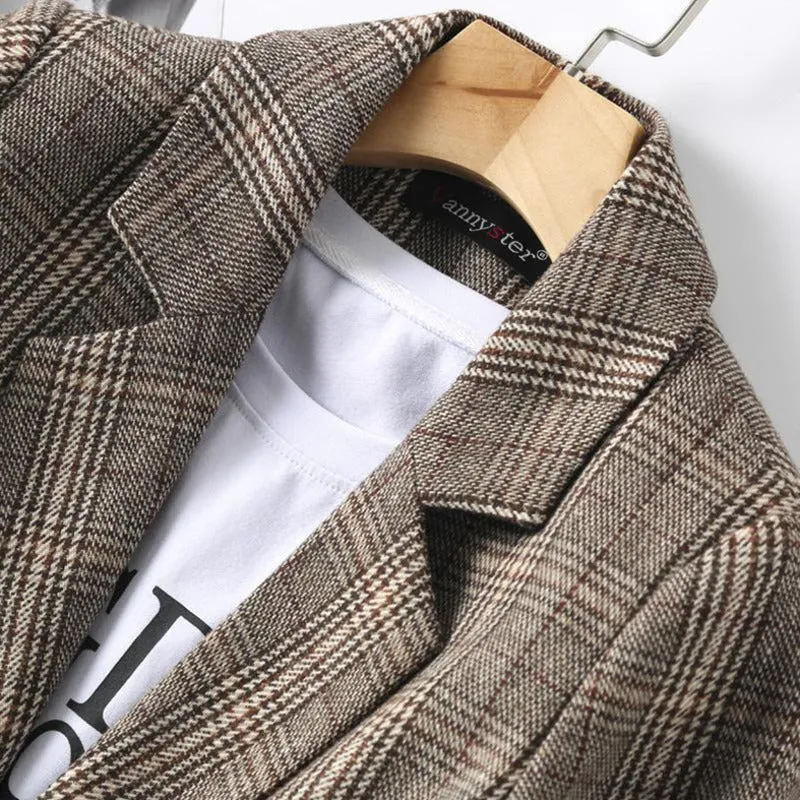 Office Ladies Plaid Blazer Long Sleeve Loose Plaid Coat Jacket