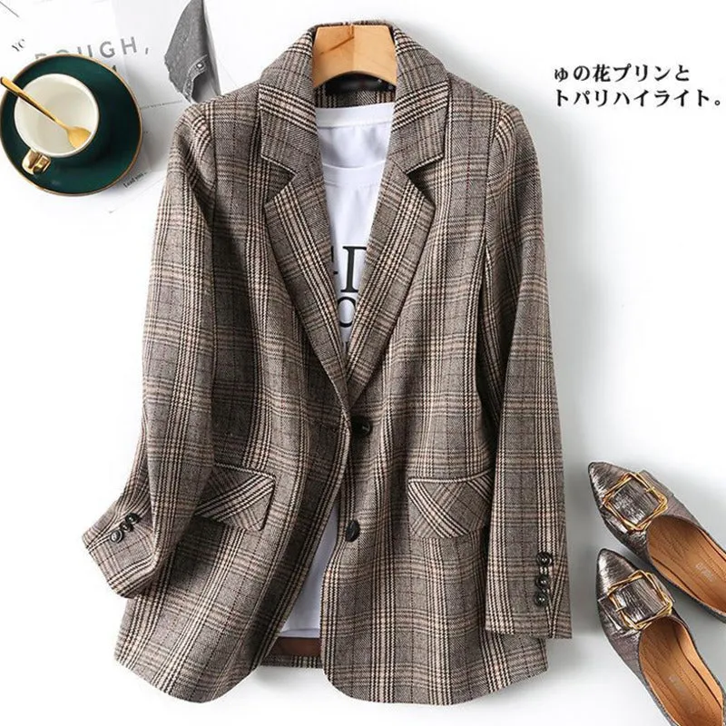 Office Ladies Plaid Blazer Long Sleeve Loose Plaid Coat Jacket