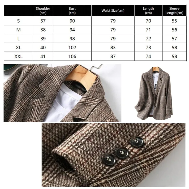 Office Ladies Plaid Blazer Long Sleeve Loose Plaid Coat Jacket