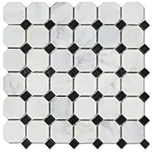 Oriental White (Eastern White) Marble Octagon Mosaic Tile (Polished, Black Dots)