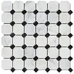 Oriental White (Eastern White) Marble Octagon Mosaic Tile (Polished, Black Dots)