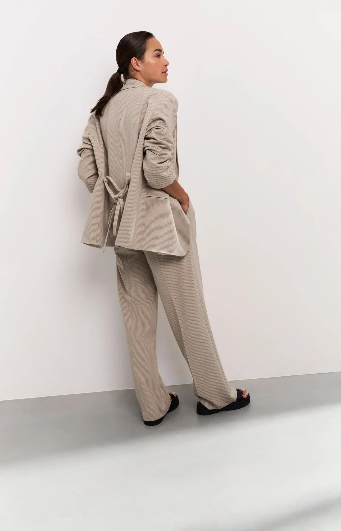 Oversized pinstripe blazer with tie belt