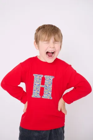 Personalised Red T-Shirt in Hop On Hop Off Liberty Print