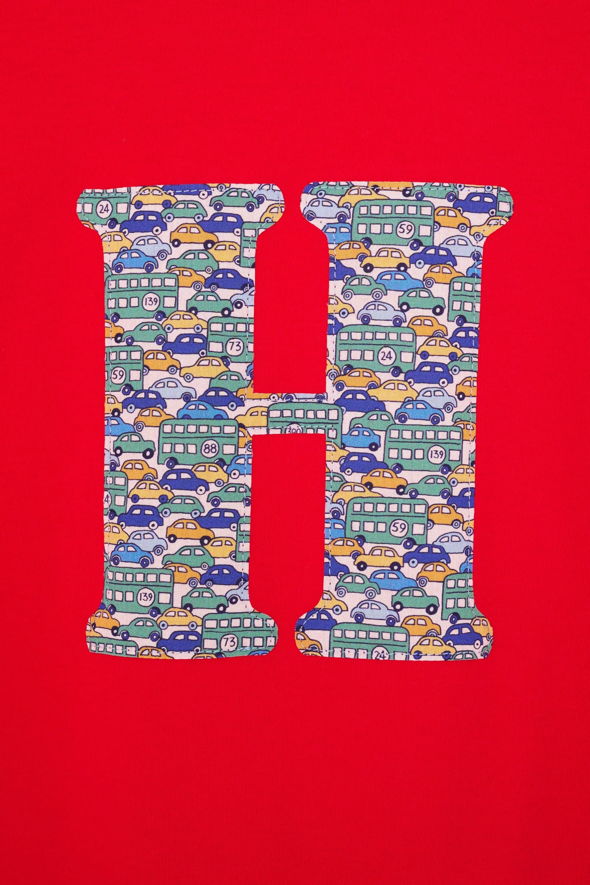 Personalised Red T-Shirt in Hop On Hop Off Liberty Print