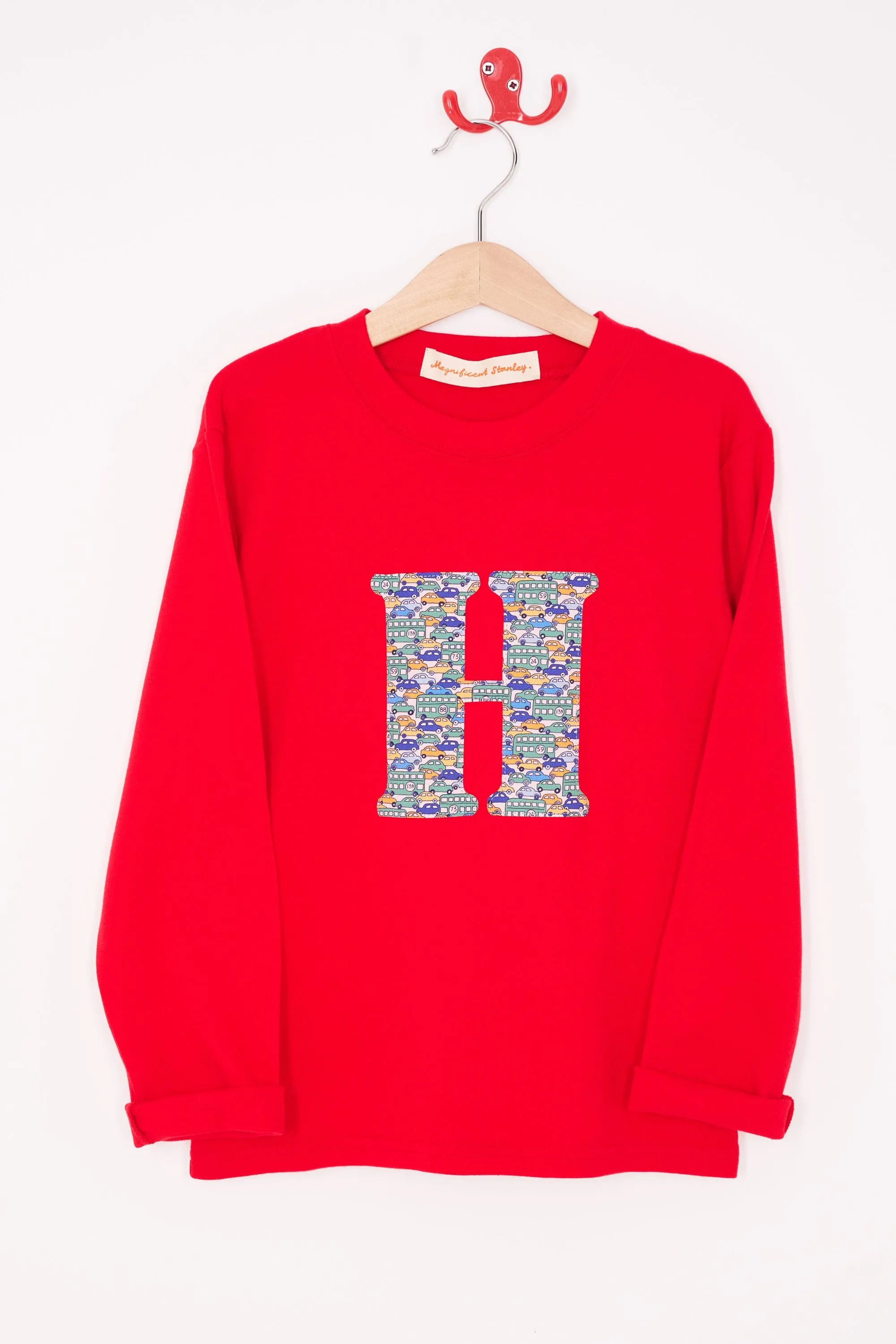Personalised Red T-Shirt in Hop On Hop Off Liberty Print