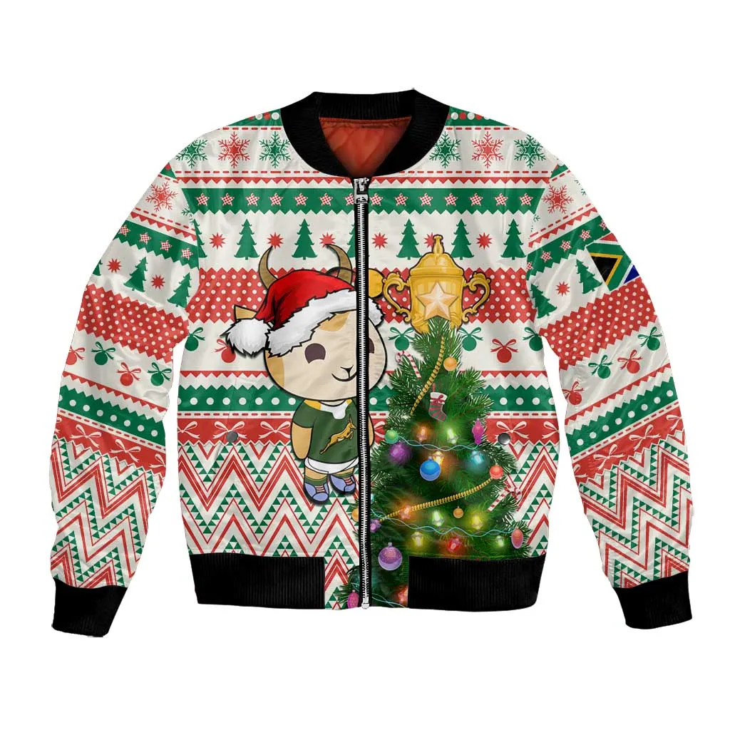 Personalized South Africa Rugby Christmas Bomber Jacket with Cute Springbok and Christmas Tree LT01