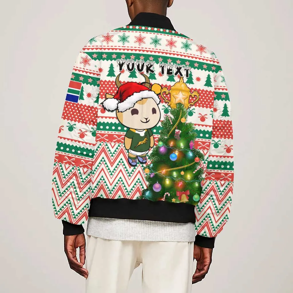 Personalized South Africa Rugby Christmas Bomber Jacket with Cute Springbok and Christmas Tree LT01