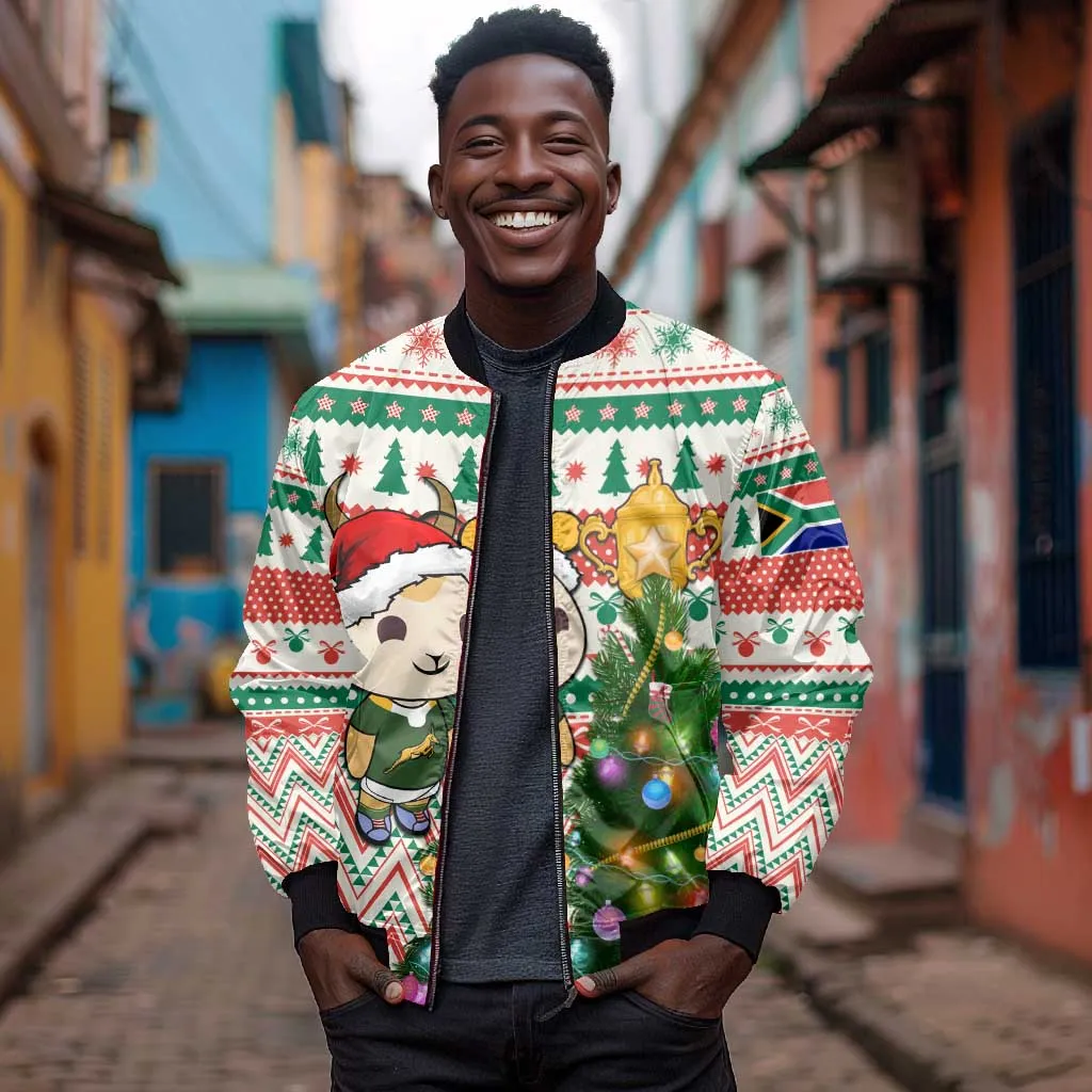 Personalized South Africa Rugby Christmas Bomber Jacket with Cute Springbok and Christmas Tree LT01