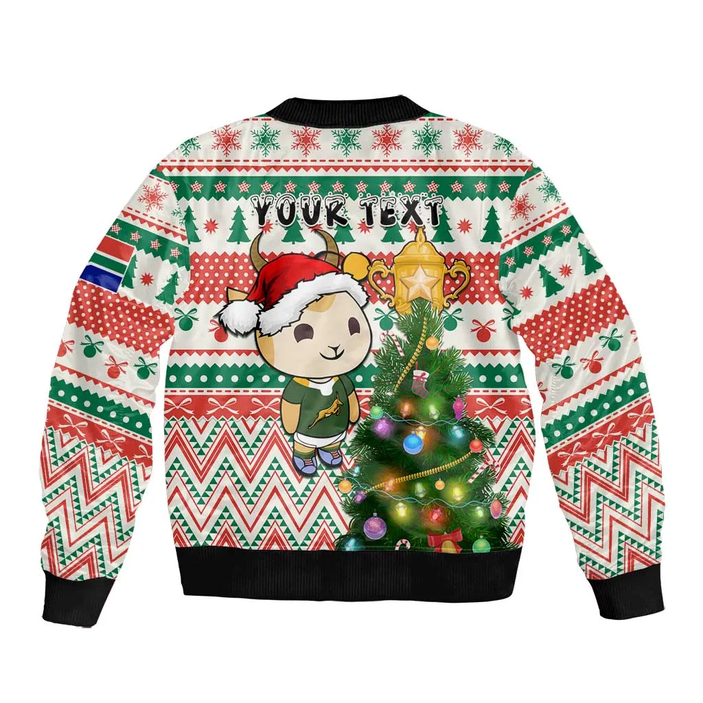 Personalized South Africa Rugby Christmas Bomber Jacket with Cute Springbok and Christmas Tree LT01