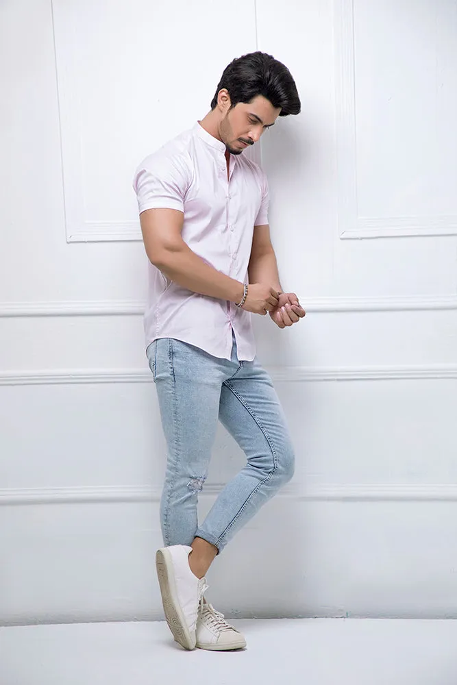 Pink Grandad Collar Half Sleeves Shirt