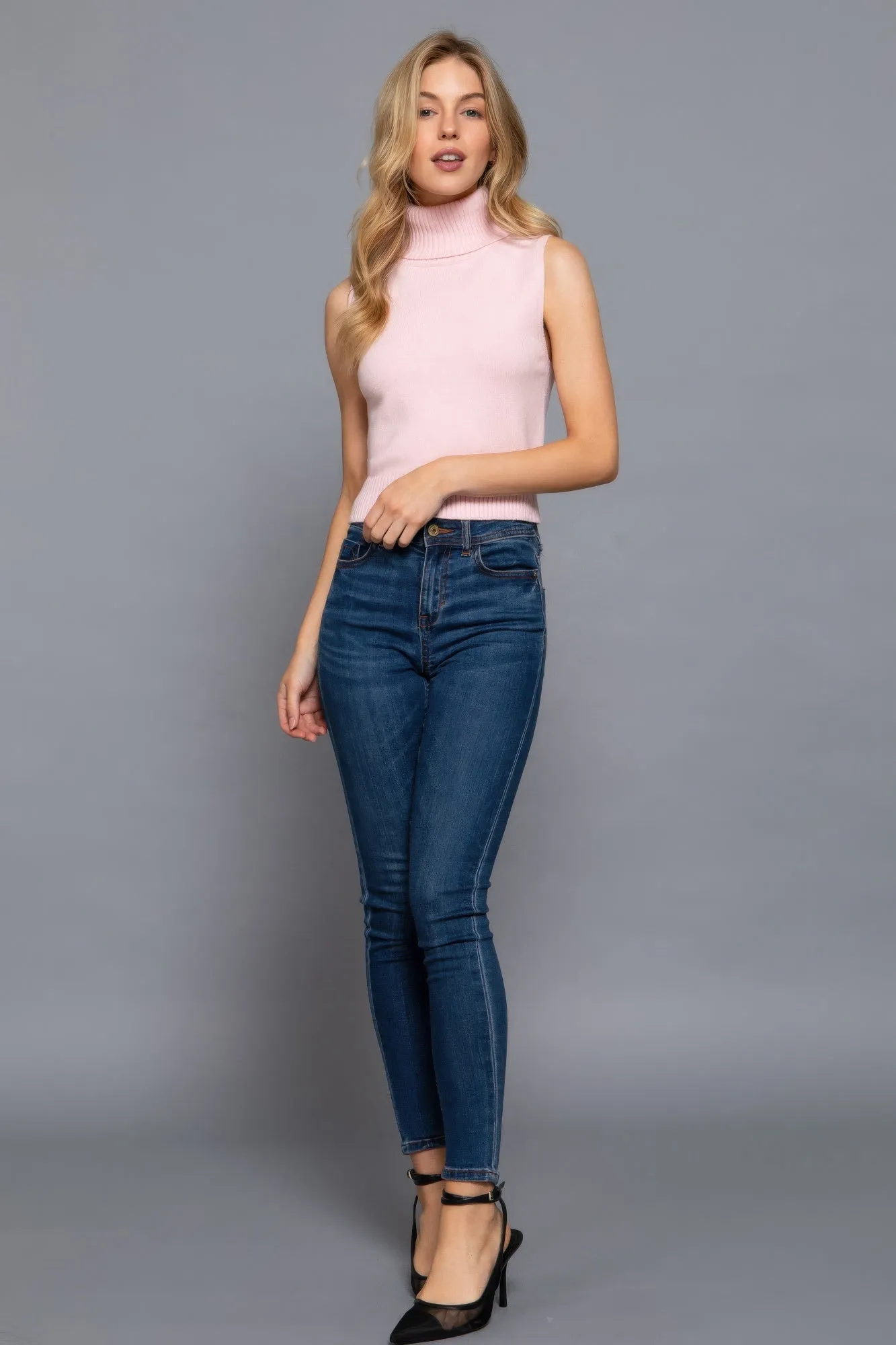 Pink Sleeveless Turtle Neck Sweater Top