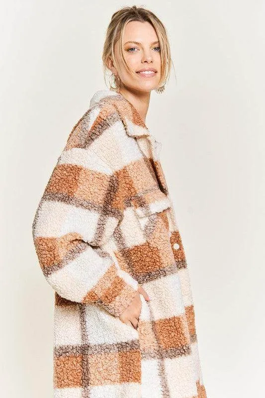 Plus Size Fuzzy Plaid Teddy Jacket