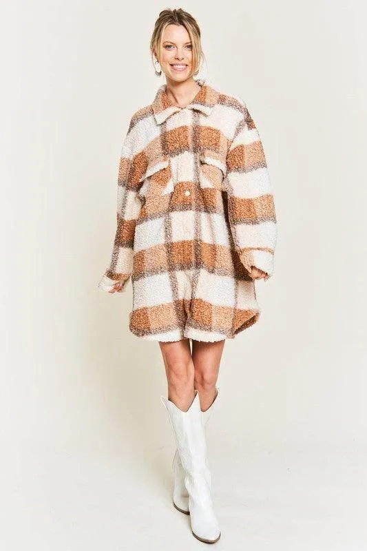 Plus Size Fuzzy Plaid Teddy Jacket