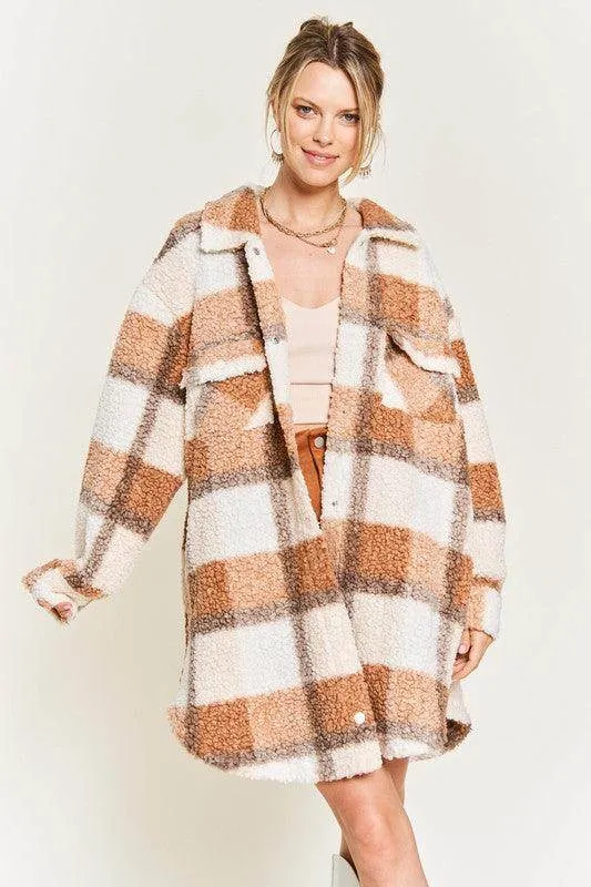 Plus Size Fuzzy Plaid Teddy Jacket