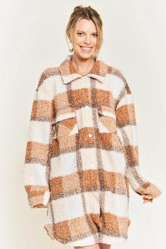 Plus Size Fuzzy Plaid Teddy Jacket