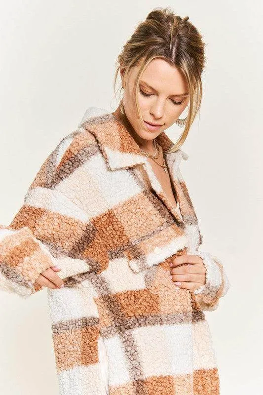Plus Size Fuzzy Plaid Teddy Jacket