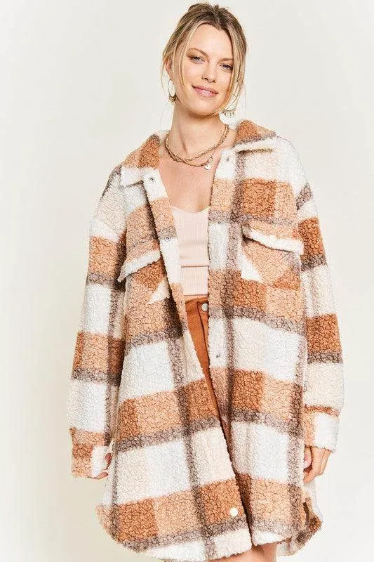 Plus Size Fuzzy Plaid Teddy Jacket