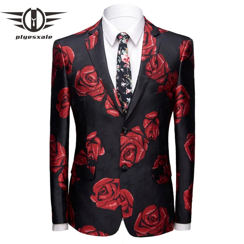 Plyesxale Black Red Floral Blazer Men Wedding Blazers For Men Elegant Party Prom Stage Blazer Masculino Dropshipping Q12