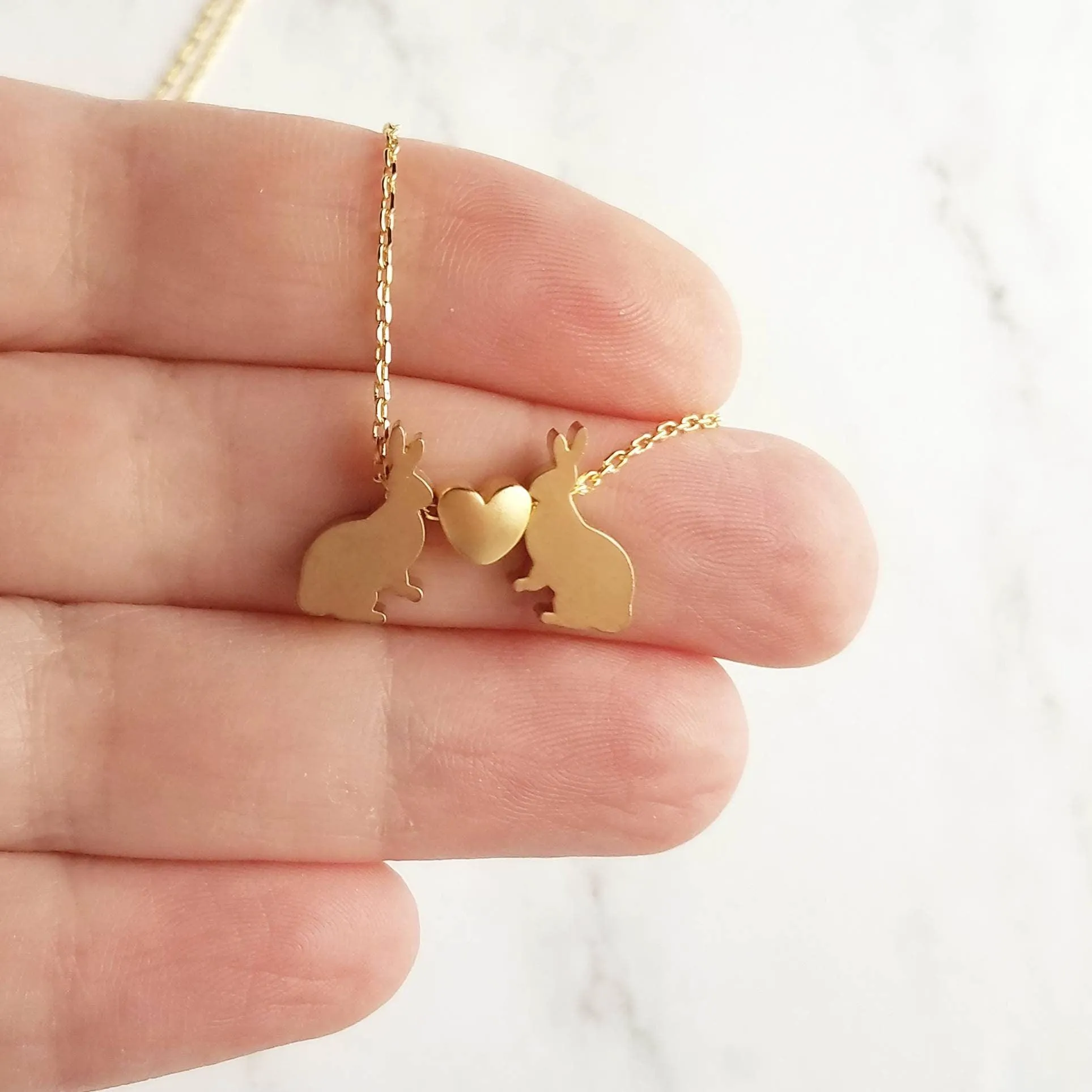 Rabbit Necklace, gold rabbit necklace, gold bunny necklace, bunnies heart necklace, small bunny heart necklace love necklace I love you gift