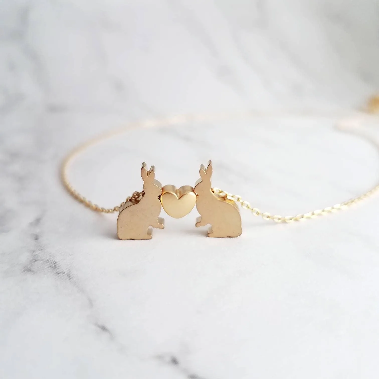 Rabbit Necklace, gold rabbit necklace, gold bunny necklace, bunnies heart necklace, small bunny heart necklace love necklace I love you gift