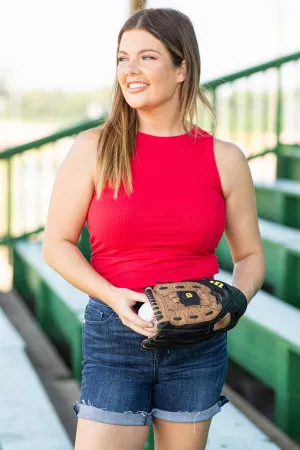 Red Ribbed Fitted Tank
