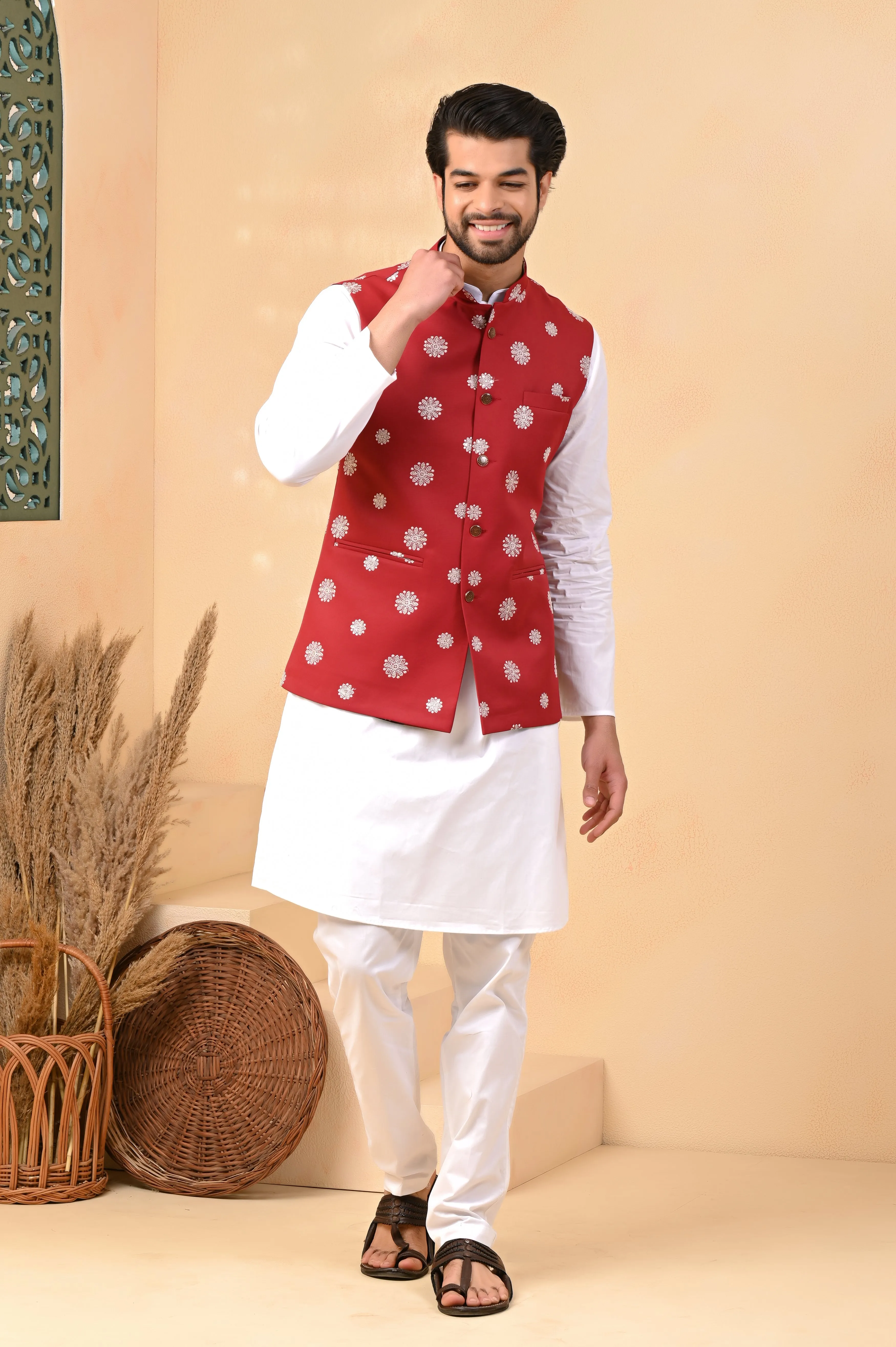 Red Self Circle Nehru Jackets