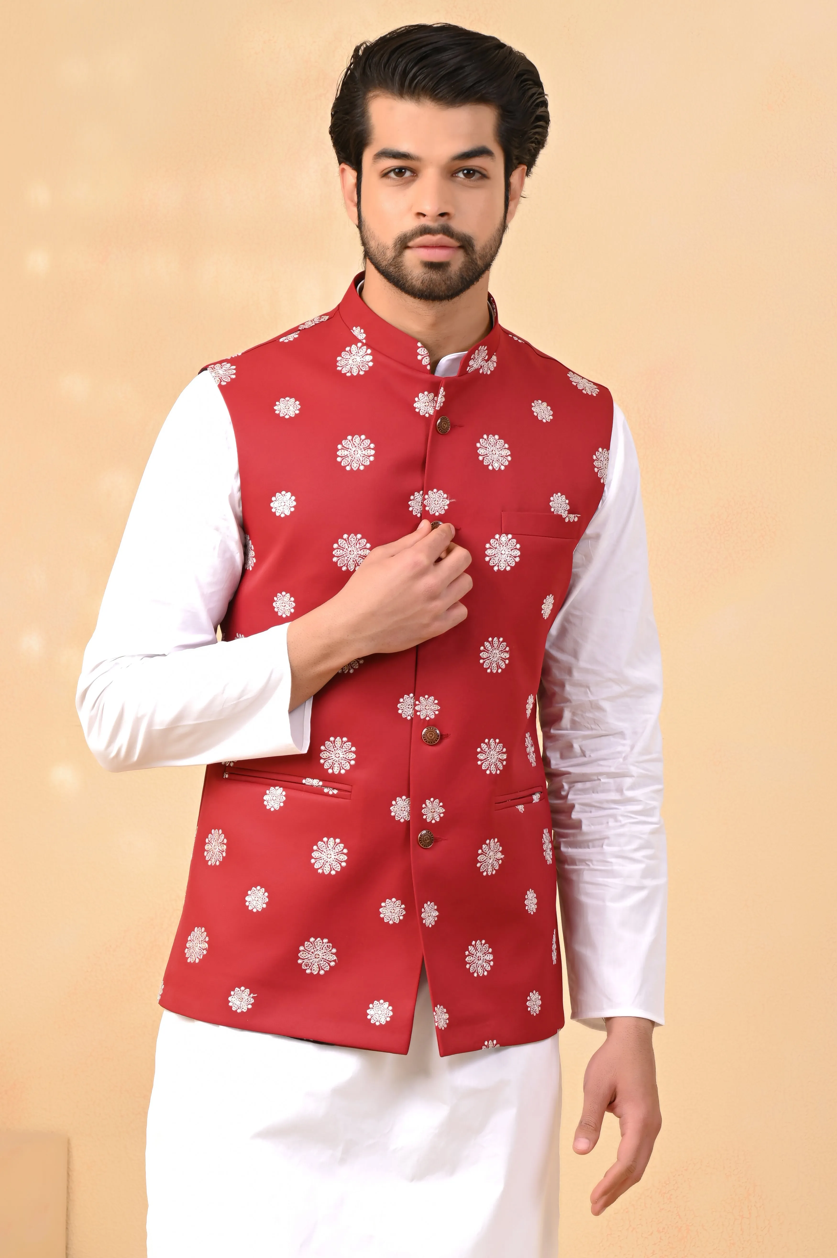 Red Self Circle Nehru Jackets