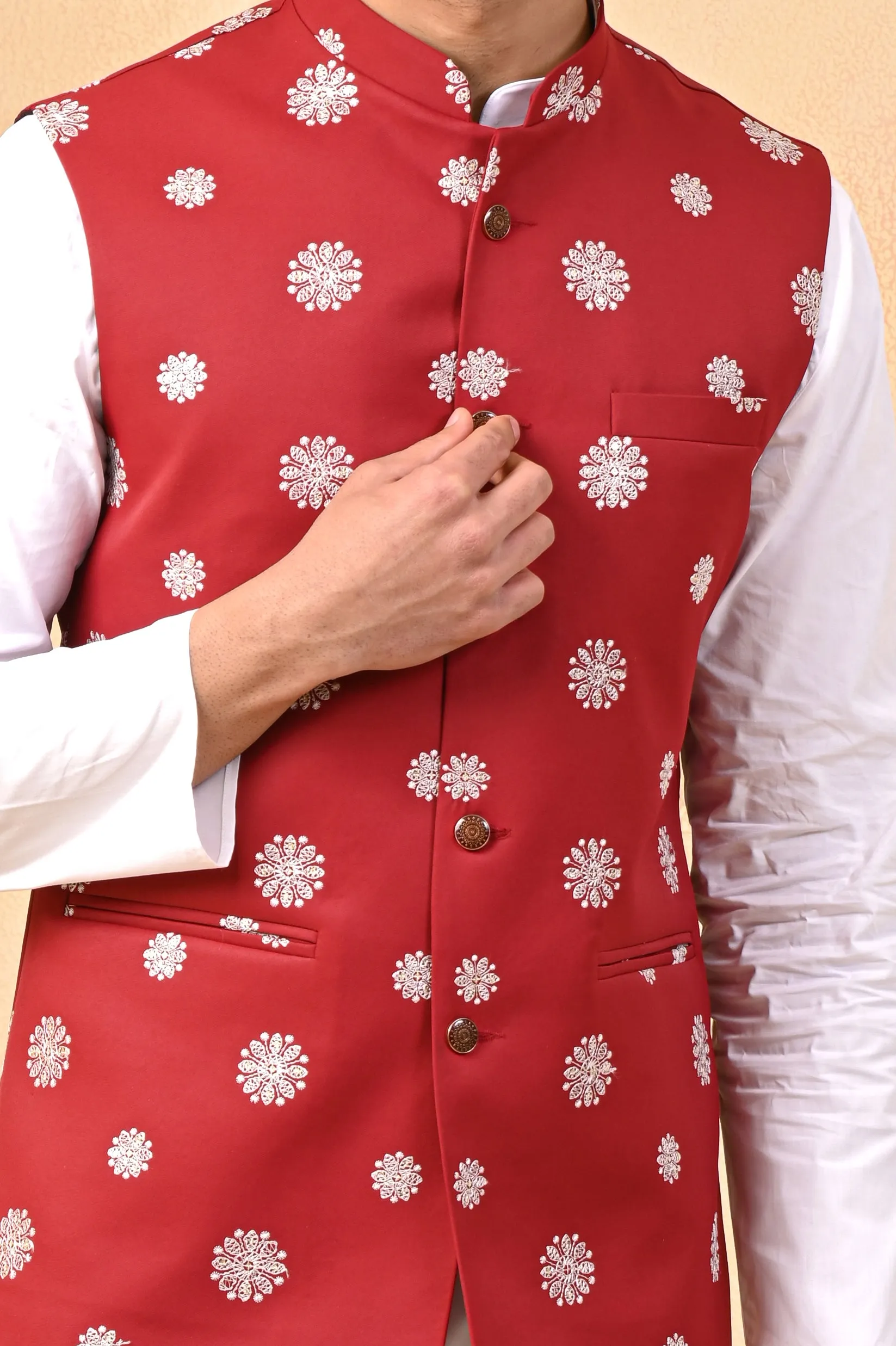 Red Self Circle Nehru Jackets