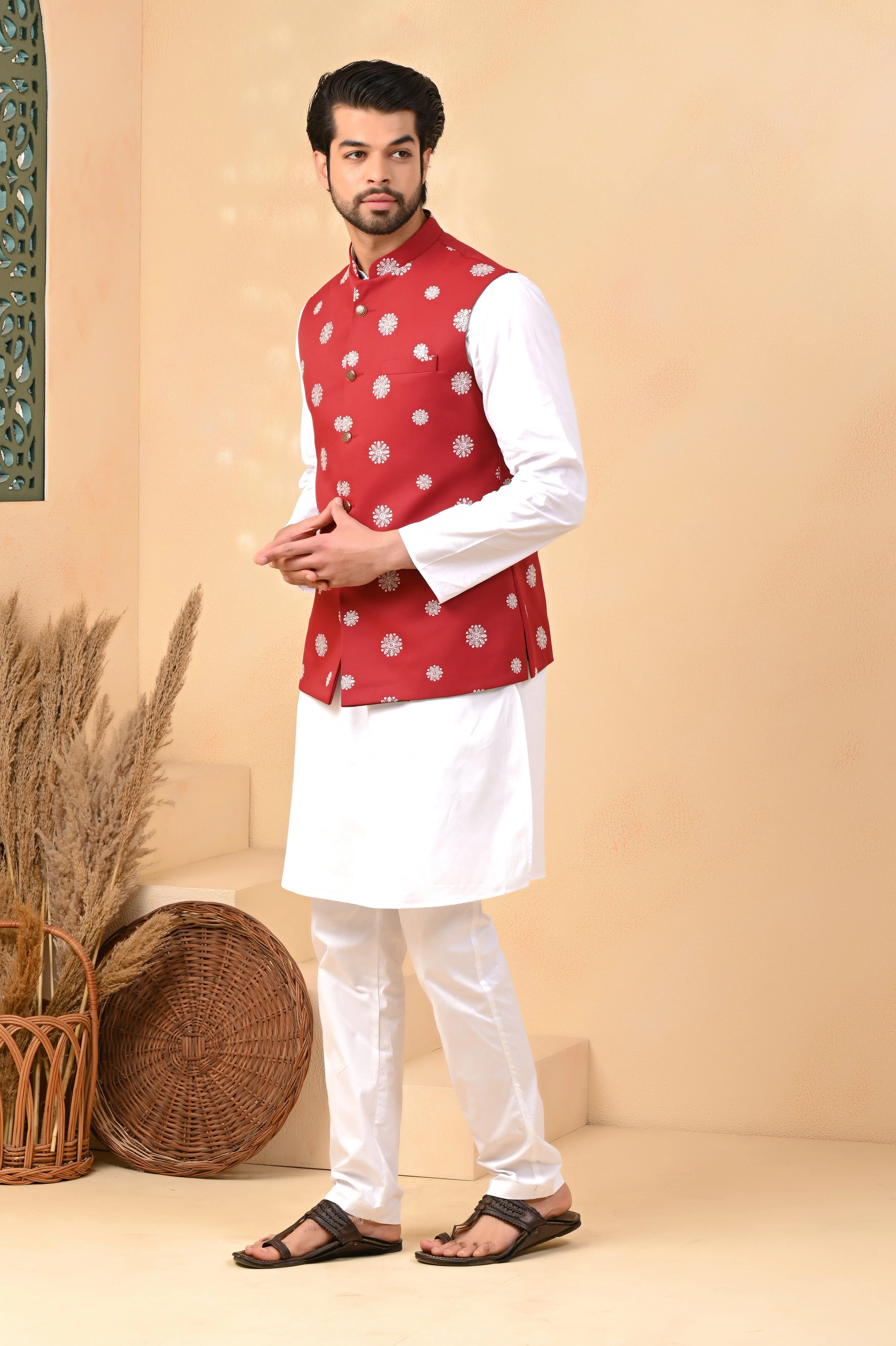 Red Self Circle Nehru Jackets