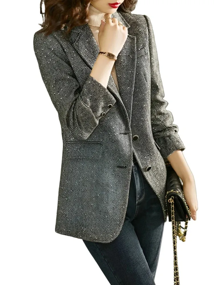 Sequins Wool Blend Blazer Women Spring Jackets Warm Outerwears Vintage Elegant Casual Business Woolen Tailored Coat