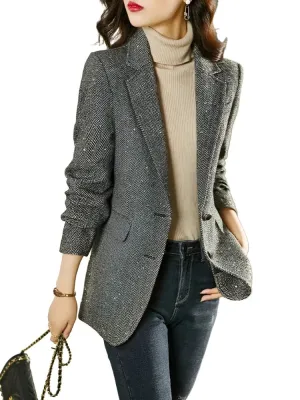 Sequins Wool Blend Blazer Women Spring Jackets Warm Outerwears Vintage Elegant Casual Business Woolen Tailored Coat