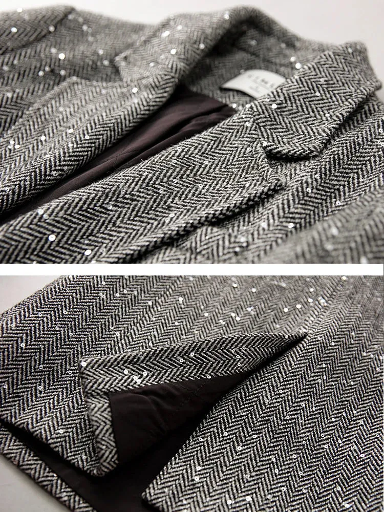 Sequins Wool Blend Blazer Women Spring Jackets Warm Outerwears Vintage Elegant Casual Business Woolen Tailored Coat
