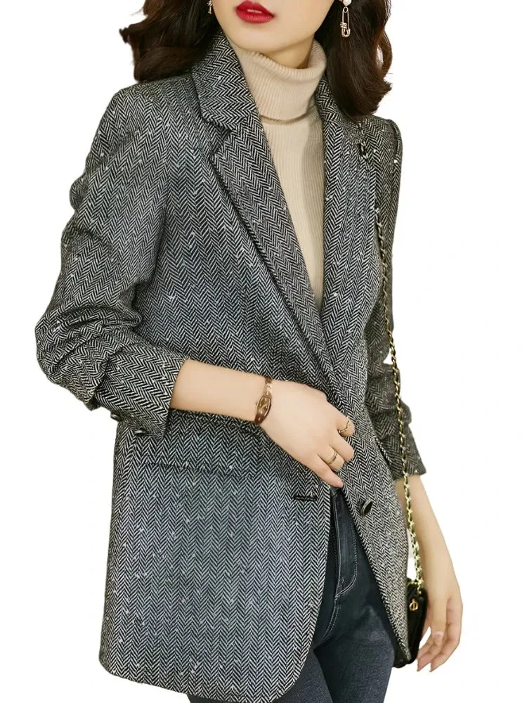 Sequins Wool Blend Blazer Women Spring Jackets Warm Outerwears Vintage Elegant Casual Business Woolen Tailored Coat