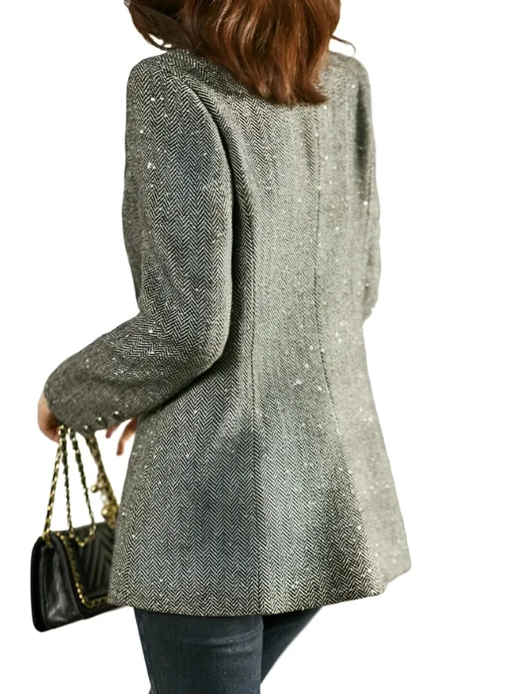 Sequins Wool Blend Blazer Women Spring Jackets Warm Outerwears Vintage Elegant Casual Business Woolen Tailored Coat