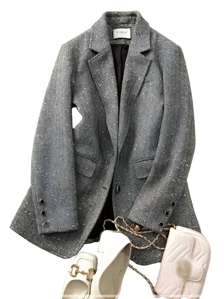 Sequins Wool Blend Blazer Women Spring Jackets Warm Outerwears Vintage Elegant Casual Business Woolen Tailored Coat
